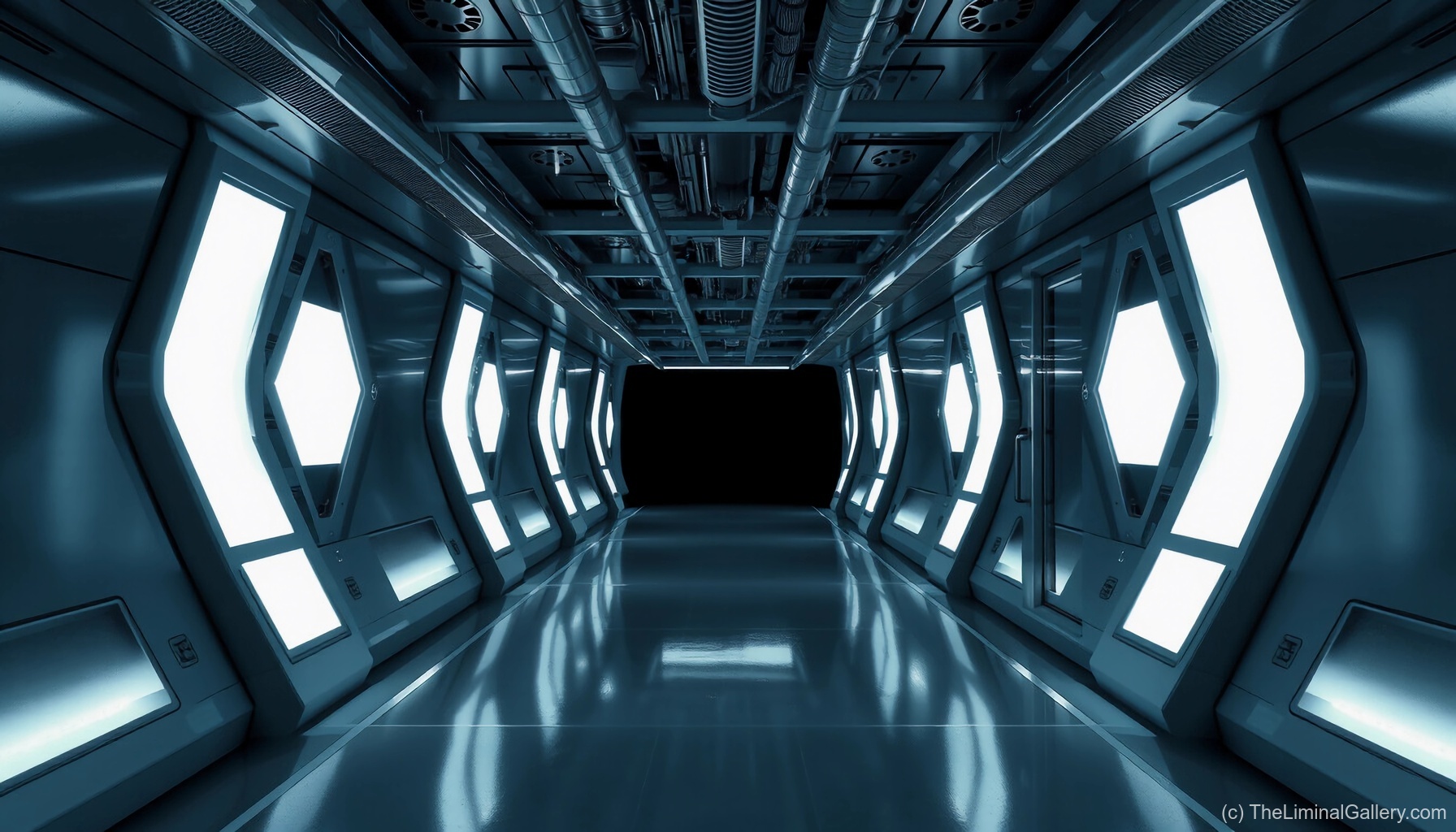 Sleek, minimalist corridors of Level 15, Futuristic Halls, combining sci-fi elements with the emptiness of liminal spaces.